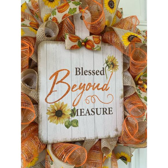 Blessed Beyond Measure Fall Wreath – 24” Sunflower & Pumpkin Thanksgiving Decor - Picture 2 of 7